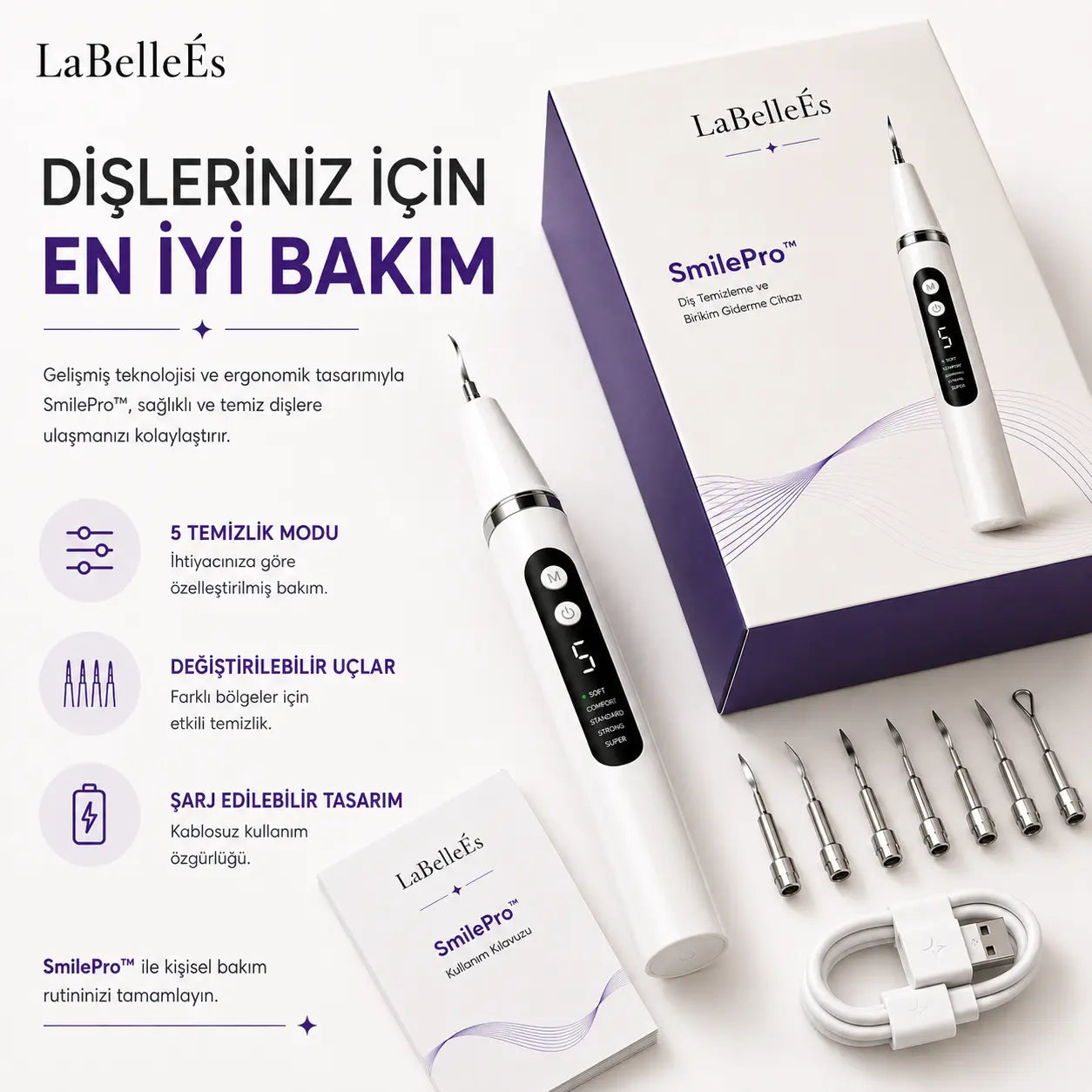 LaBelleÉs SmilePro™ Ultrasonik Diş Taşı Temizleyici – 5 Modlu LED’li Profesyonel Bakım Cihazı LaBelleÉs
