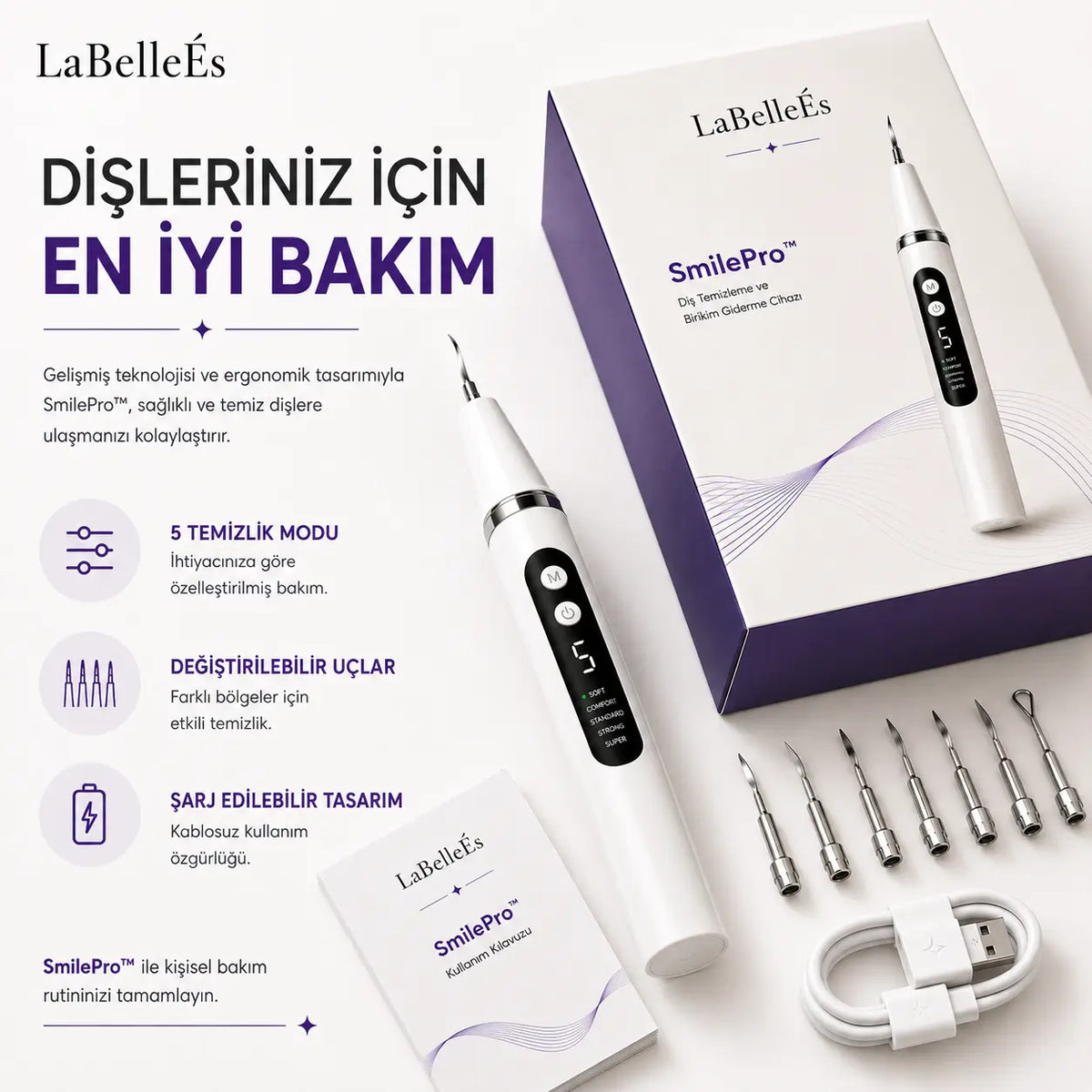 LaBelleÉs SmilePro™ Ultrasonik Diş Taşı Temizleyici – 5 Modlu LED’li Profesyonel Bakım Cihazı LaBelleÉs